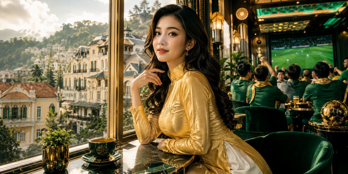 Người phụ nữ mặc áo dài tại Đà Lạt đang chơi bài trực tuyến trên điện thoại