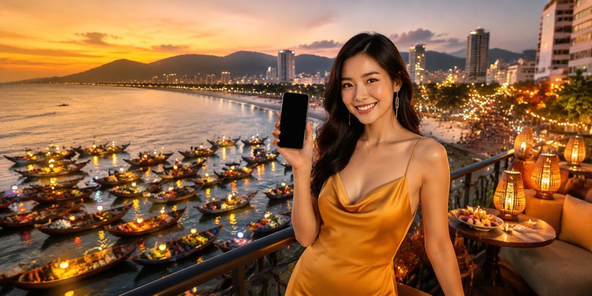 Chợ đêm Đà Nẵng với không khí sôi động, người dùng kiểm tra bonus nạp tiền trên điện thoại