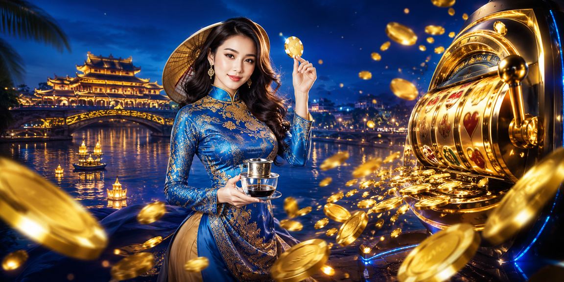 Người dùng trong trang phục áo dài Huế trải nghiệm slot game trên điện thoại di động
